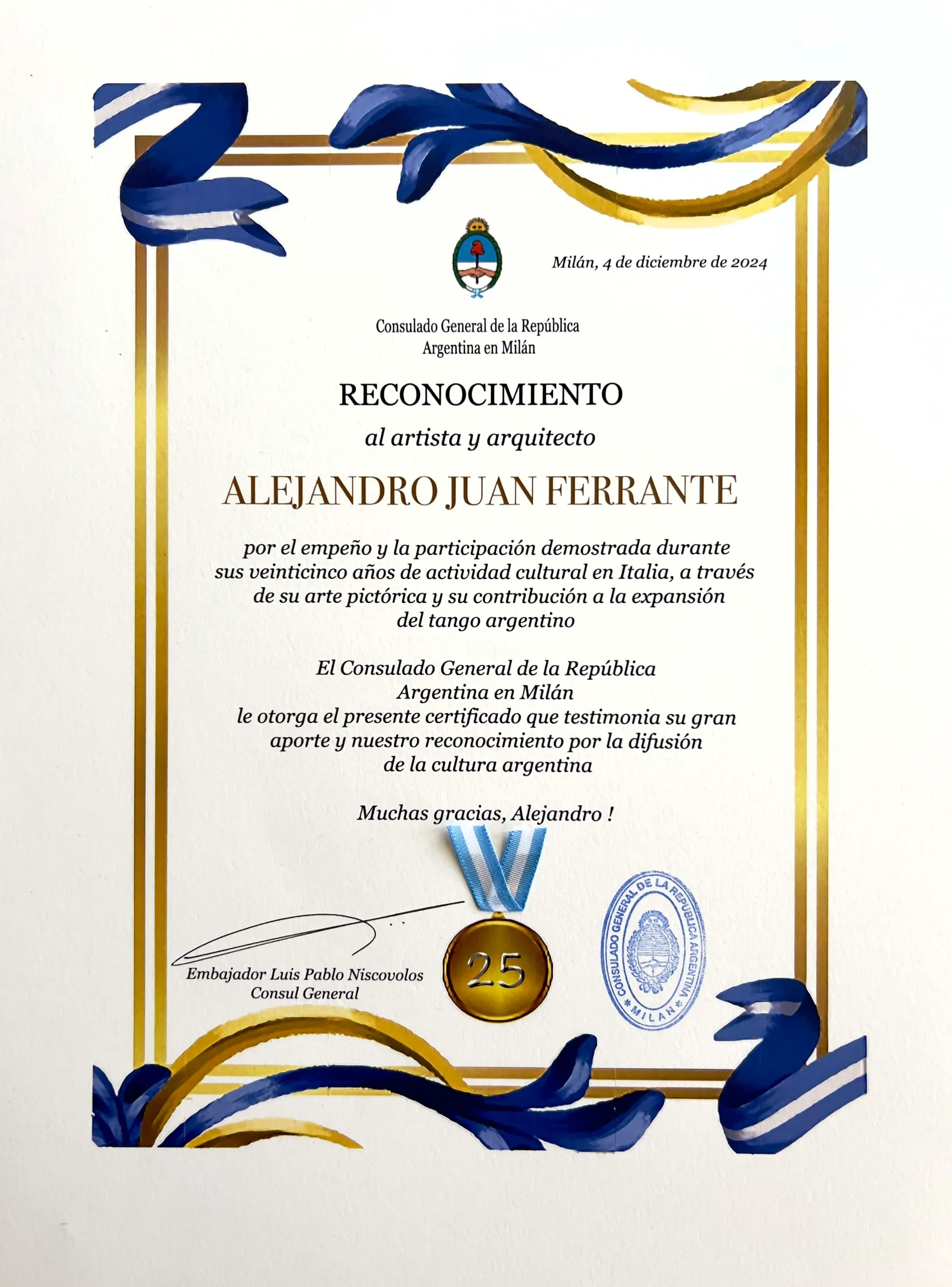 Reconocimiento Consulado Argentino 25 de representante de la cultura Argentina